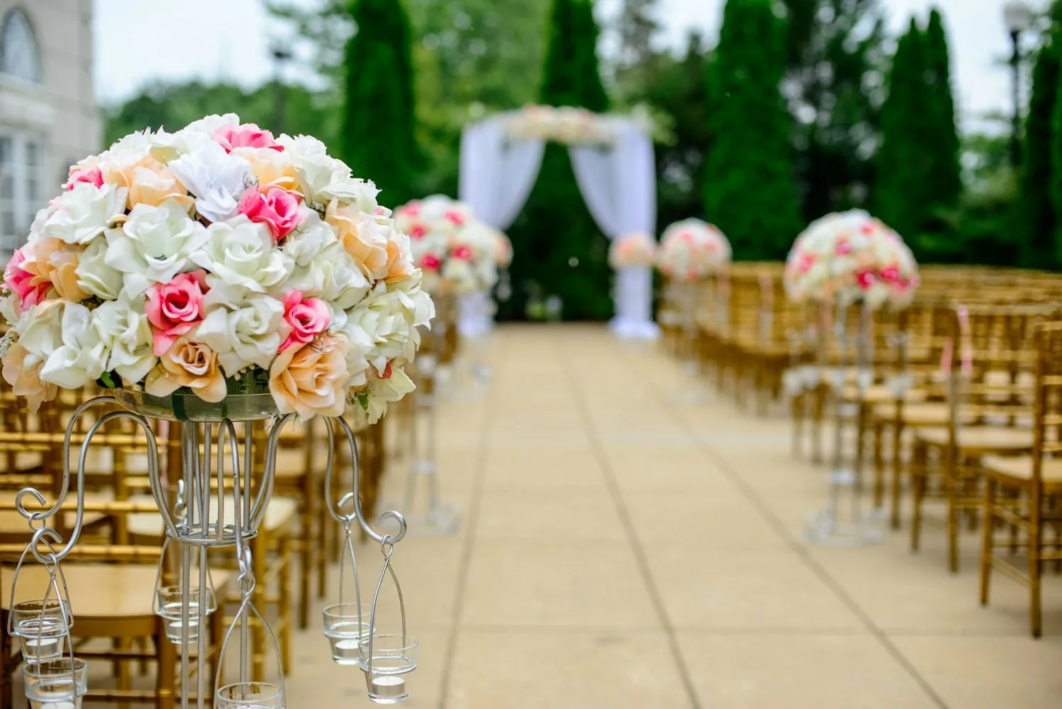 A flower-lined ceremony aisle ready for guests